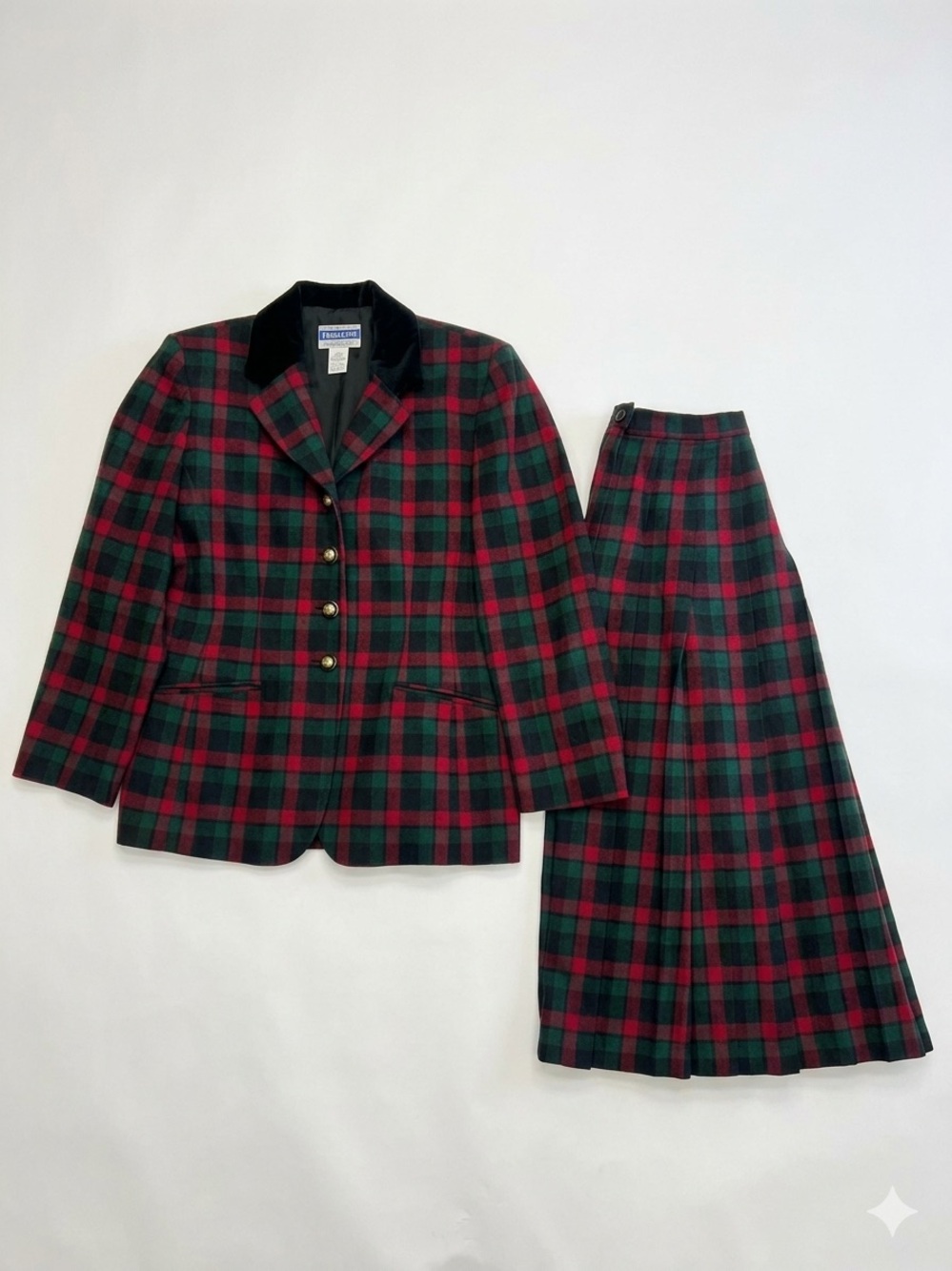 Vintage Pendleton Plaid Wool Blazer Skirt Suit Velvet Collar 4P 8P Mixed